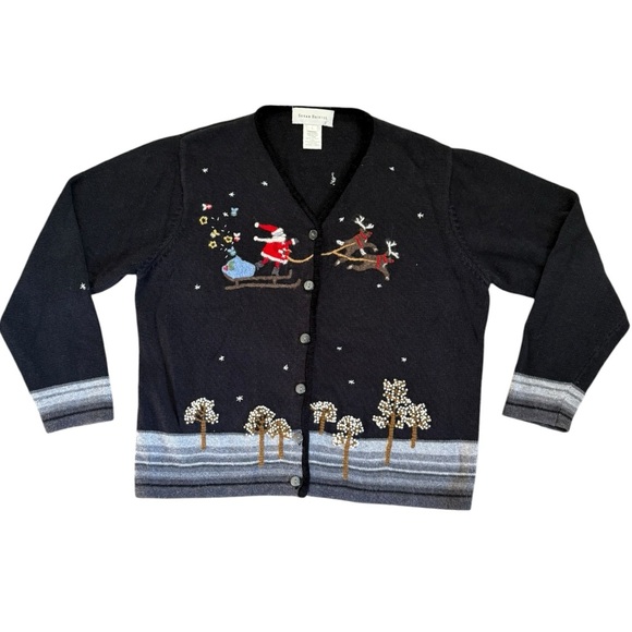 Vintage Susan Bristol Christmas Cardigan Hand Embroidered Santa Reindeer Large - Picture 1 of 8